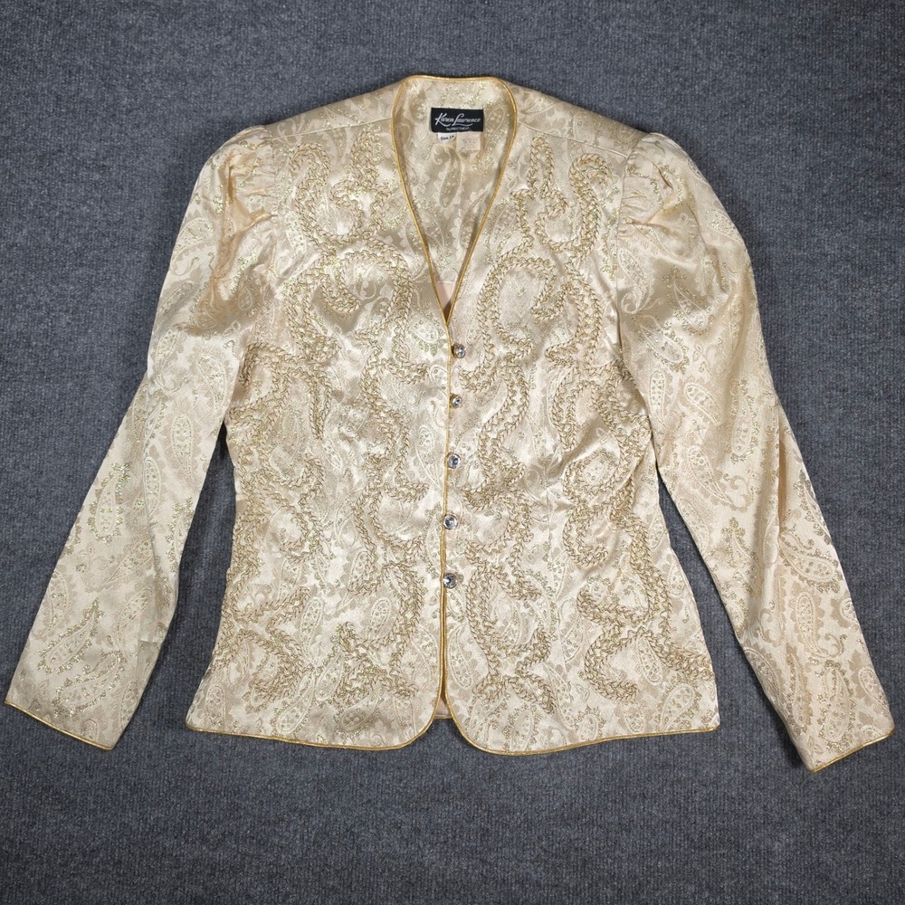 Karen Lawrence Vintage GoldMetallic Paisley Brocade Evening Jacket Rhinestone 12